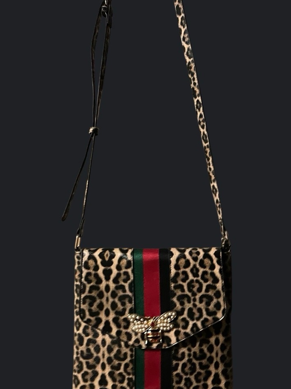 Leopard Print Crossbody Bag with Red & Green Stripe